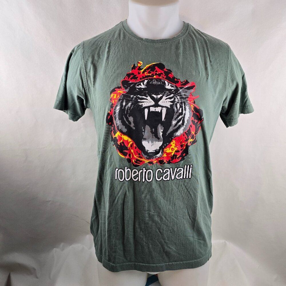 Roberto Cavalli T Shirt Mens Large Green Tiger Flames Fire Graphic Tee Crew Neck